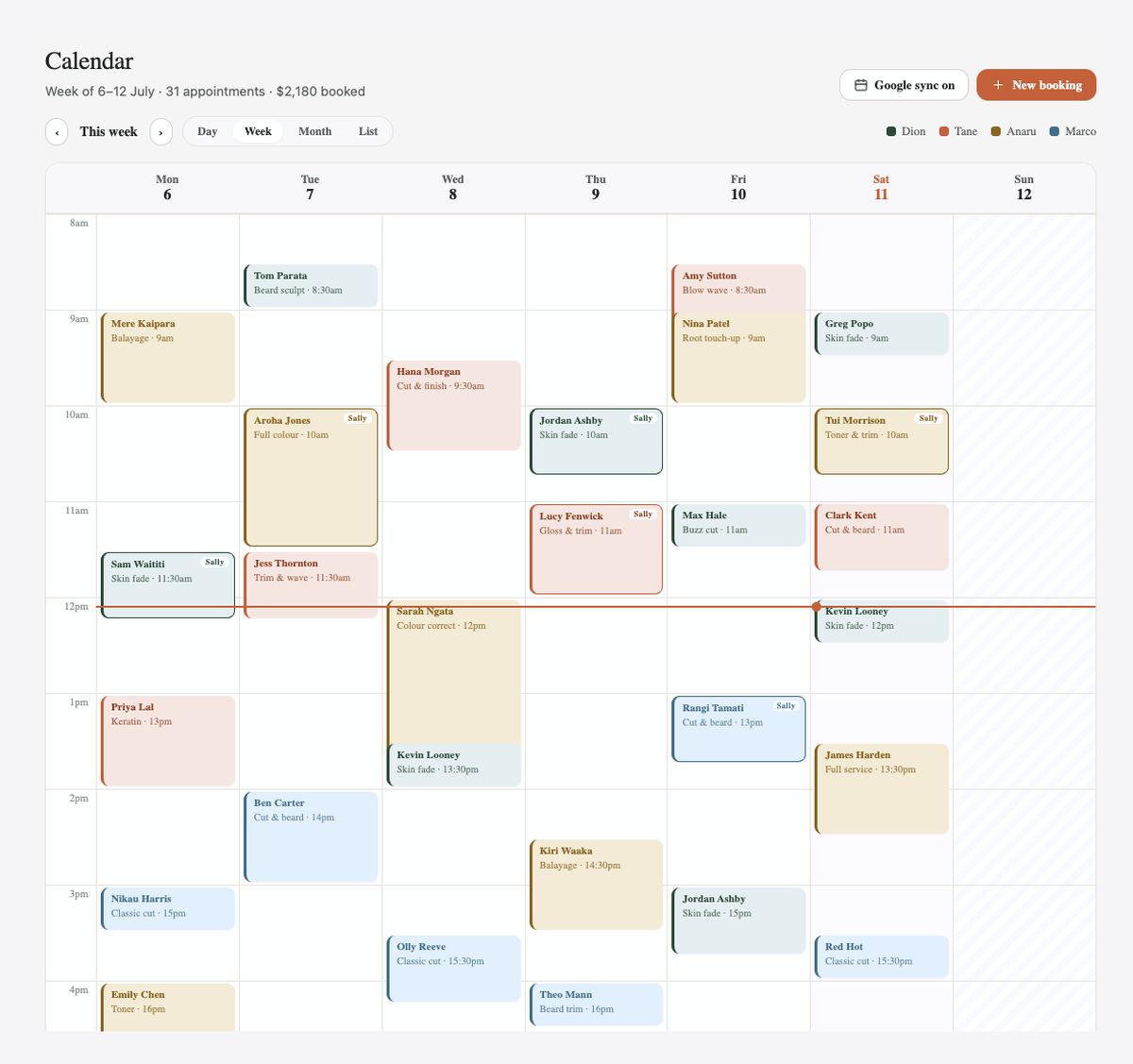 Suddenly calendar: the week's bookings colour-coded by staff and synced to Google Calendar