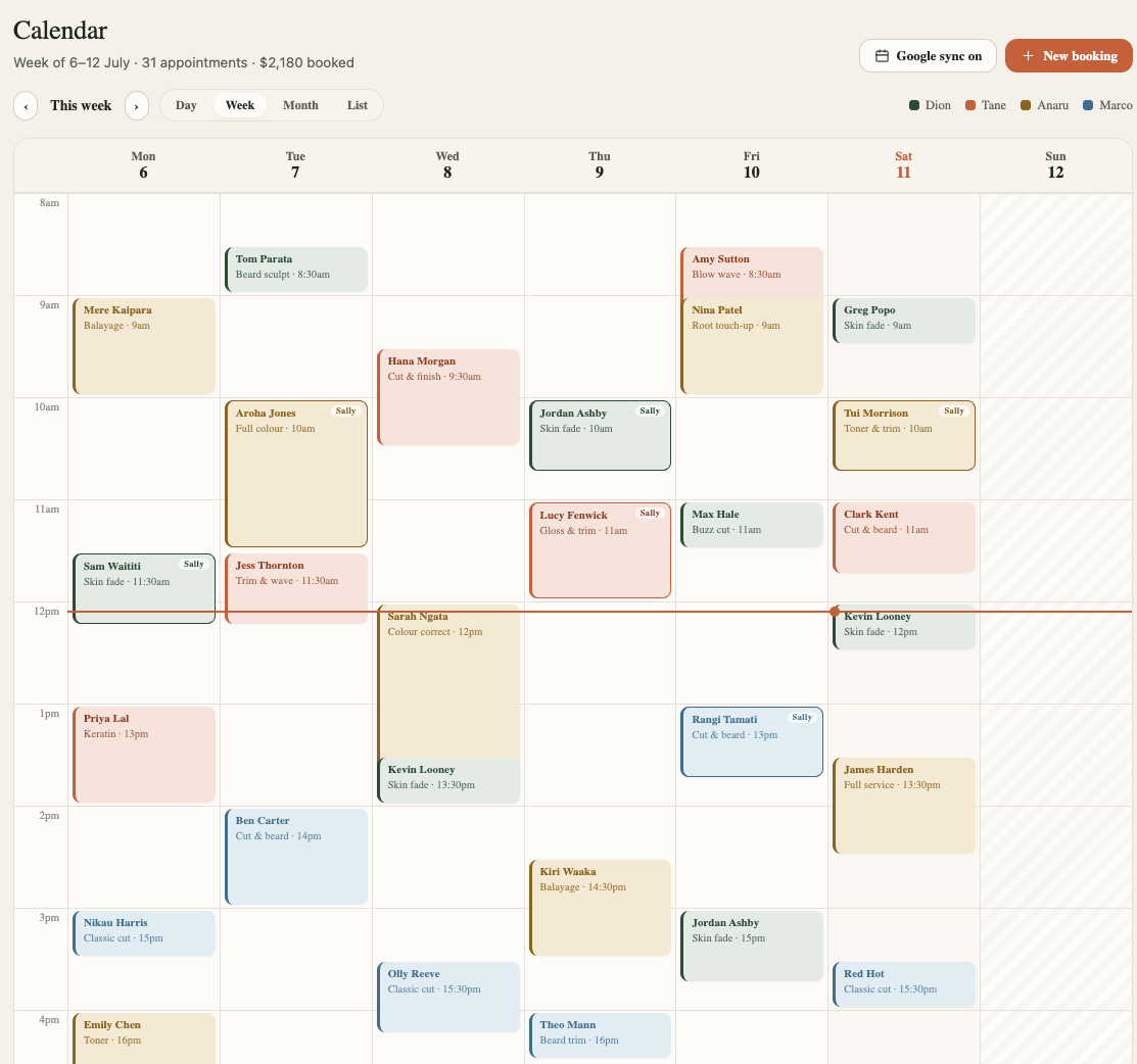 The calendar in week view with bookings laid out across staff columns.