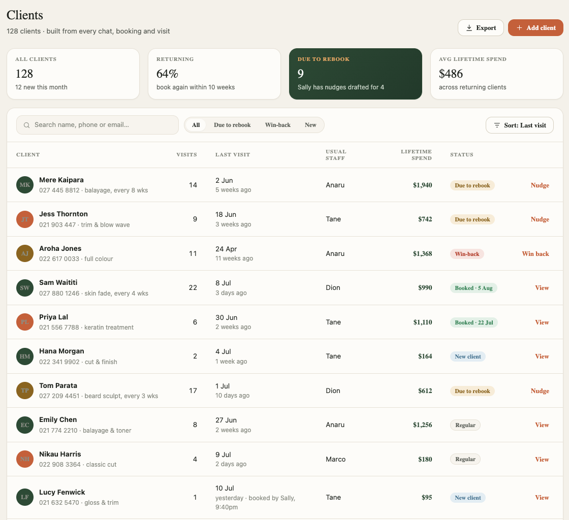 The Clients page listing customer records.