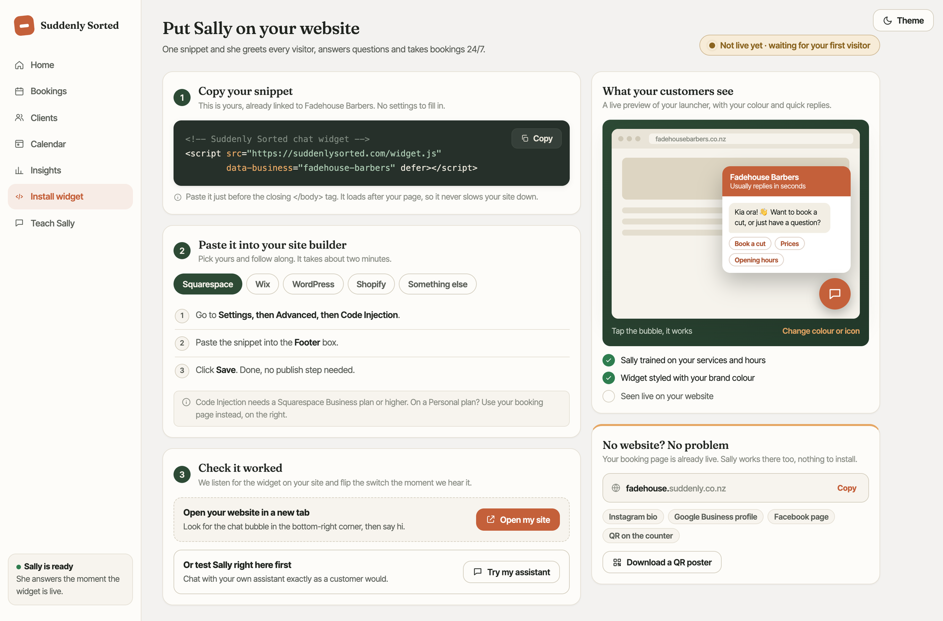 The Embed widget page showing the copy-paste snippet and editable quick-reply buttons.