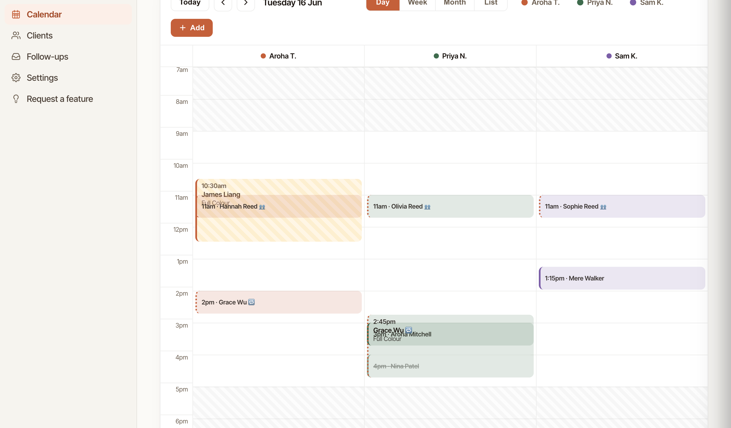 The calendar Day view for Tuesday 16 June showing a party of three at 11am (one chip under each of Aroha, Priya and Sam, each marked with a 👥 group glyph), plus a separate 🔁 visit chip for Grace Wu.
