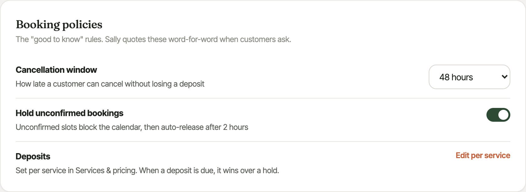 Booking policies in Settings, showing the deposit, hold and cancellation controls.