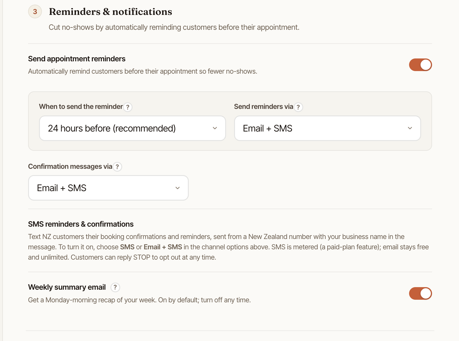 The Reminders & notifications settings with the reminder toggle, lead time and channel.