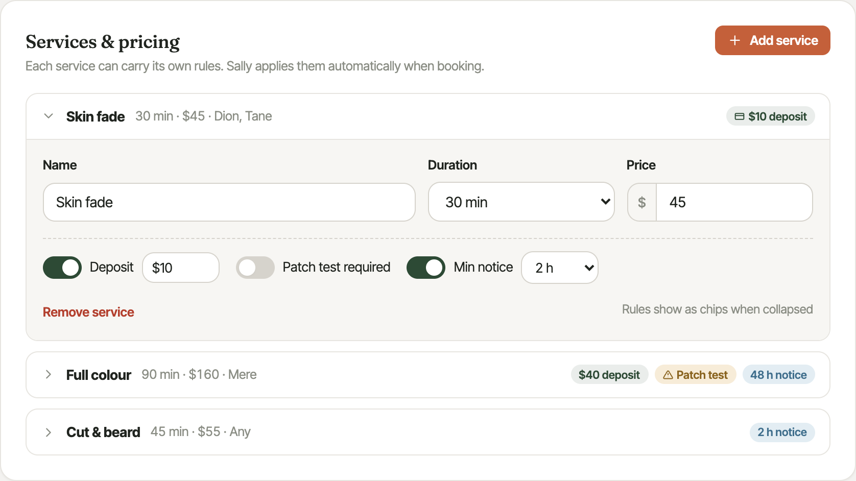 The Services & pricing section of Business setup, showing three services — Women's Cut $65 / 45 min, Full Colour $140 / 90 min, and Cut & Blow Wave $75 / 45 min — each with a Deposit to confirm dropdown and fields for minimum notice (hrs), cleanup (min) and an optional booking note. Full Colour shows a booking note beginning 'Please arrive with clean…'.