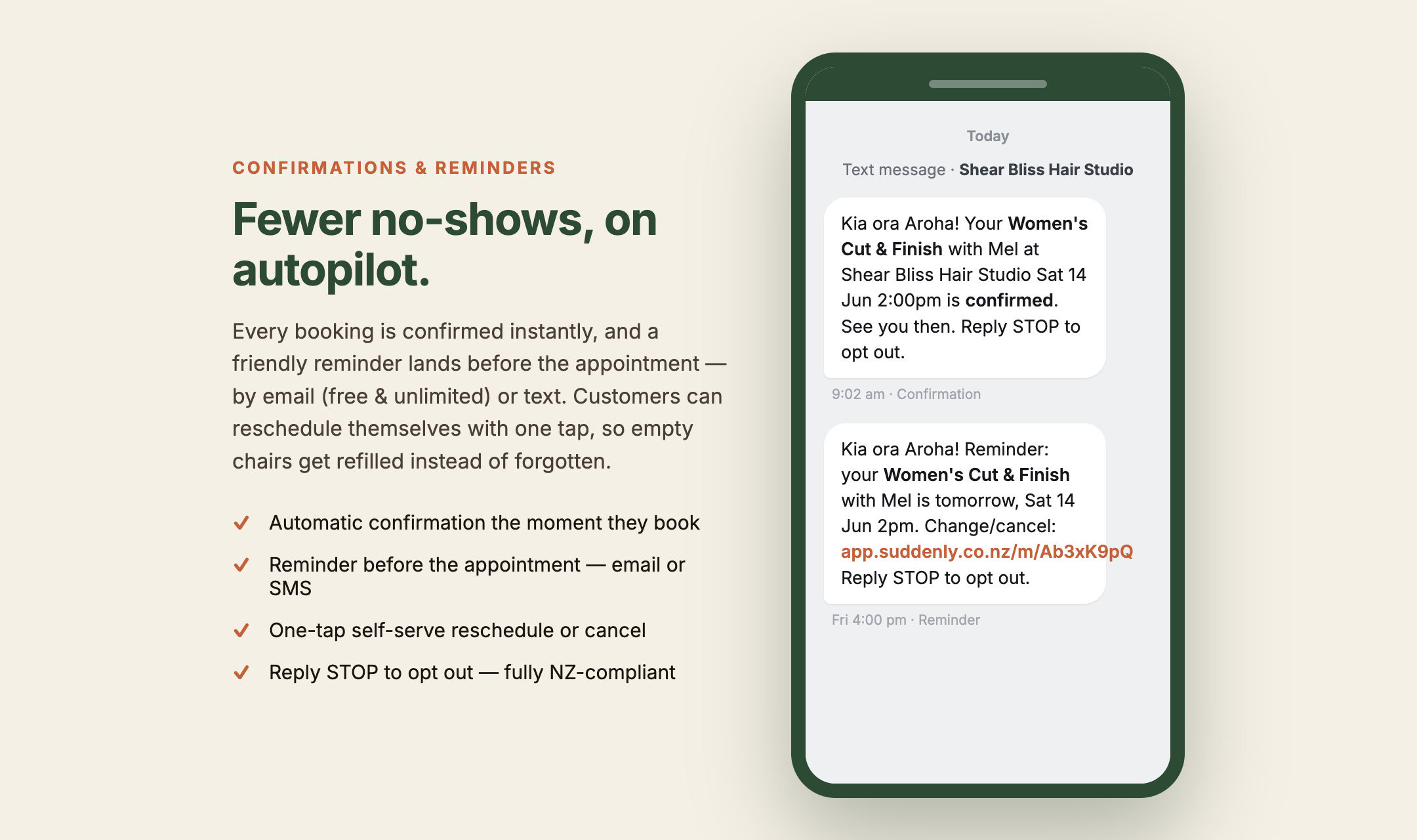 A phone showing a booking confirmation text and a reminder text with a one-tap reschedule link, sent automatically by Suddenly Sorted.