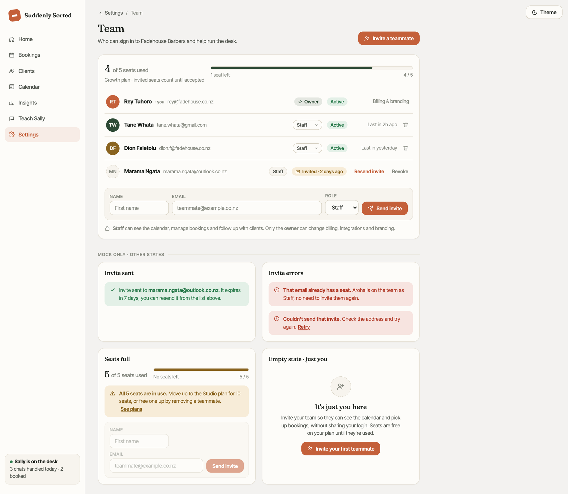 The Team logins page showing logins used, the members table, and the invite form with an email and name field.