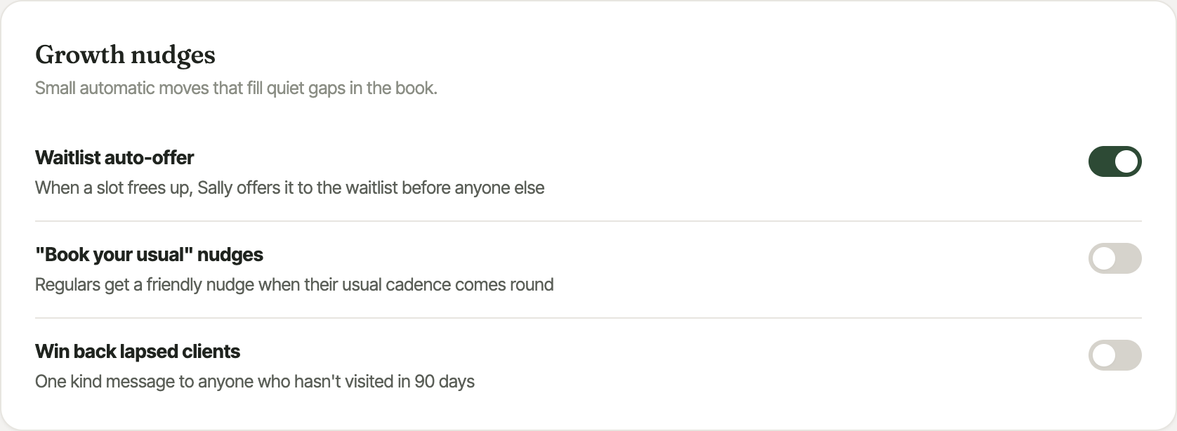 The booking page on a fully-booked day, showing a 'Get notified when a spot opens' form where a customer leaves their name and phone or email to join the waitlist.